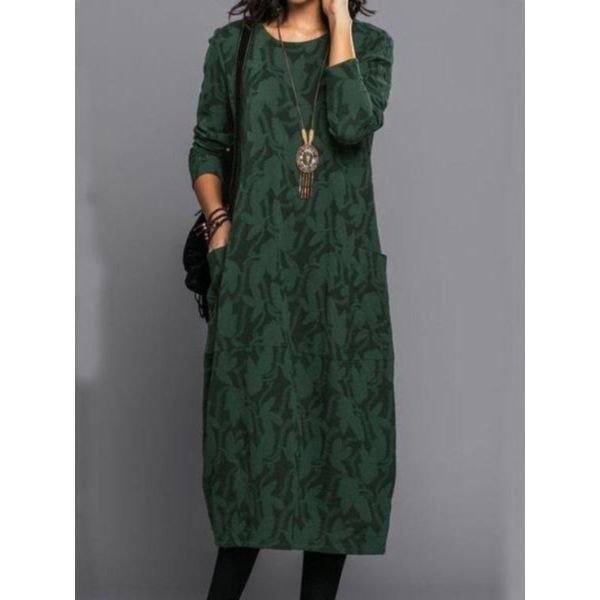 Temperament Round Neck Long Sleeve Print Midi Dress