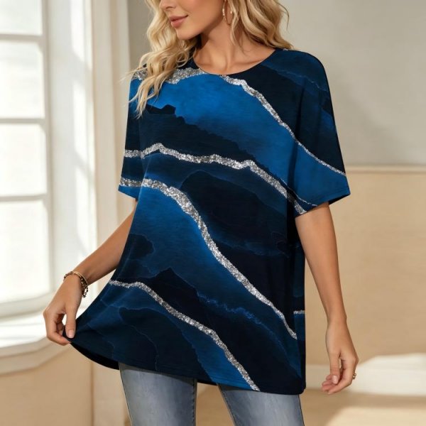 Attractive Print Round Neck Blue Top